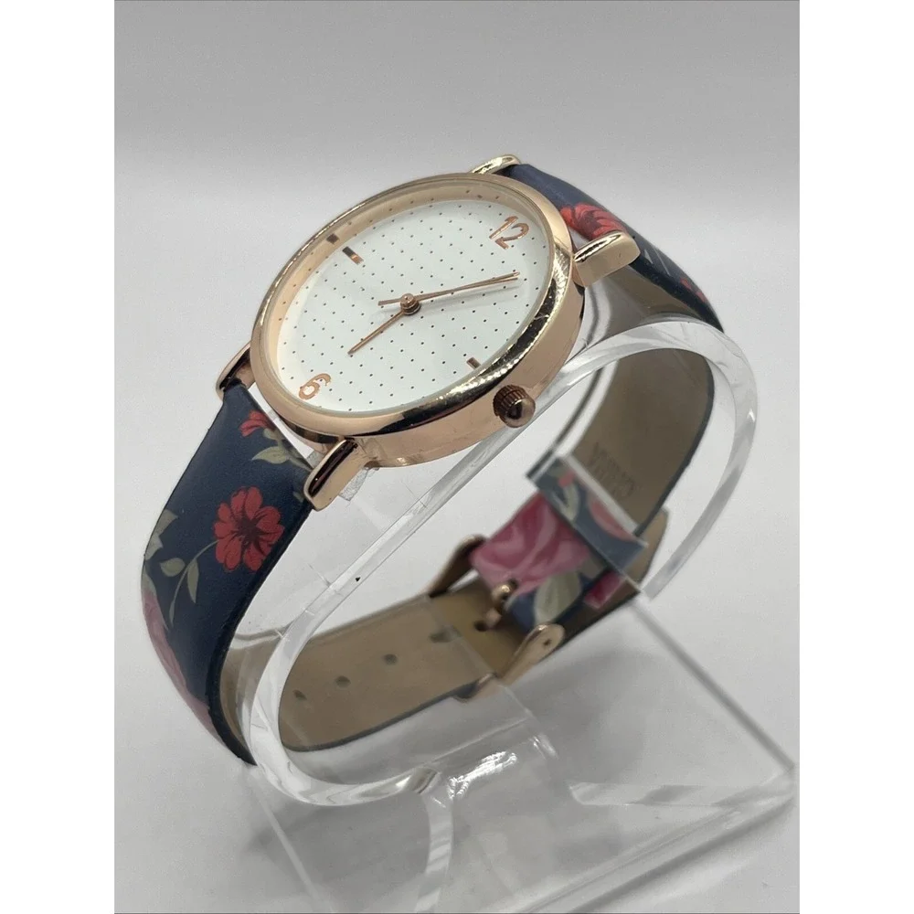 Women's Floral Band Quartz Watch‎ Rose Gold 35mm Case- New Battery